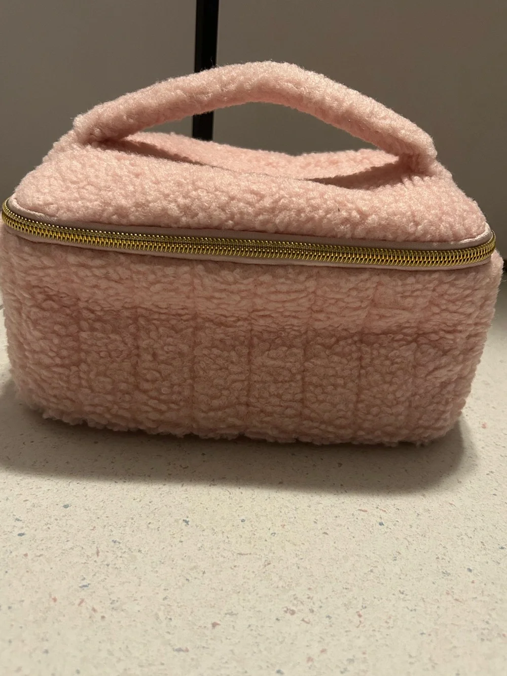 Pink Sherpa Cosmetic Train Case with Top Handle and Cosmetics